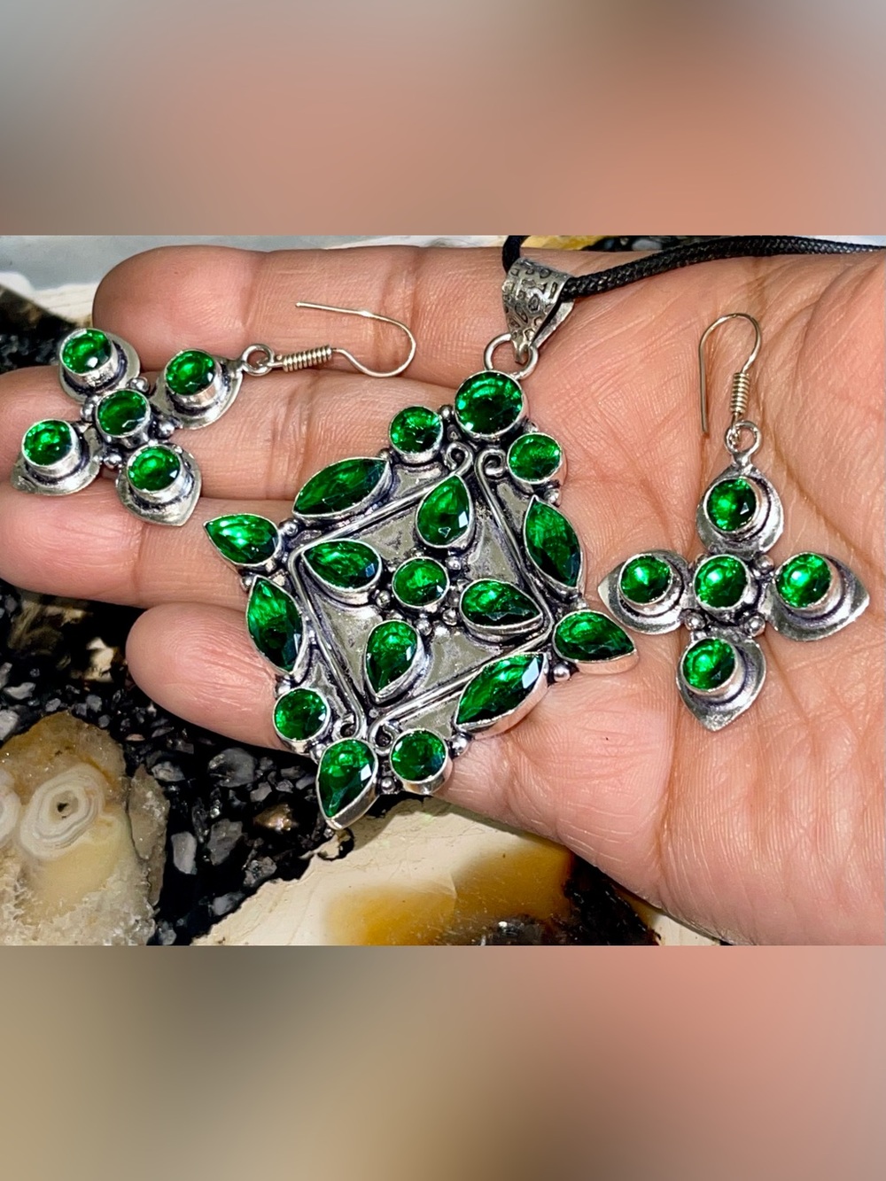 Simulated Green Colored Glass Beads Pendant & Earrings Set